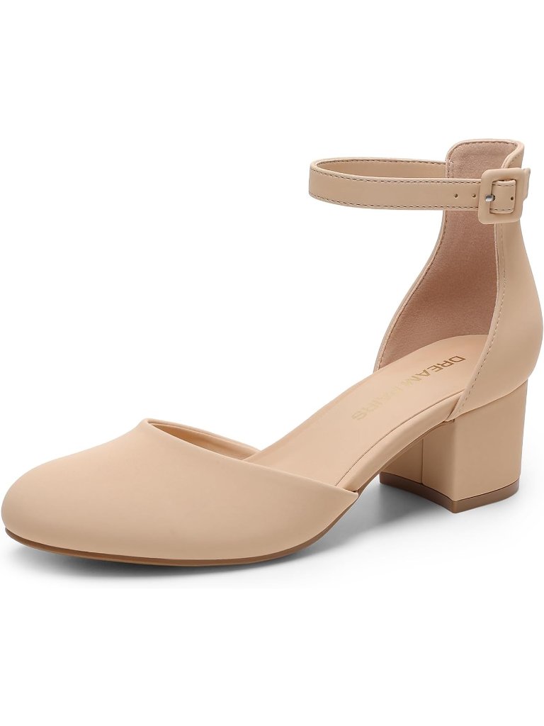 Dream Pairs Women's Nude Closed Round Toe Low Block Heels Ankle Strap Shoes